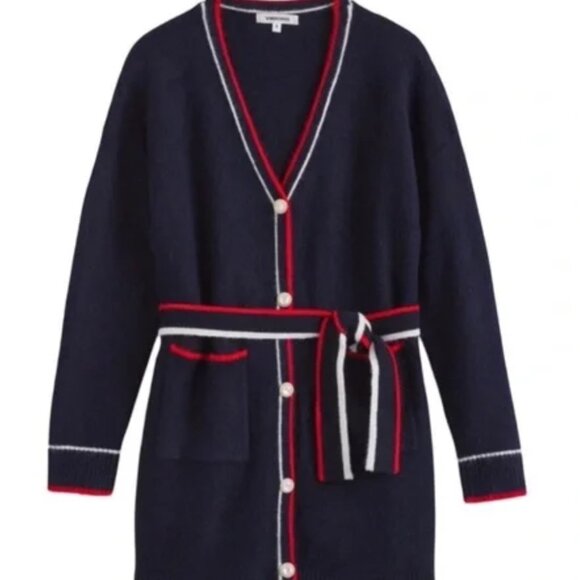 Vigoss Navy Longline Belted Cardigan Sz M Pearl Gold Buttons Nautical Trim NWT - Picture 2 of 8